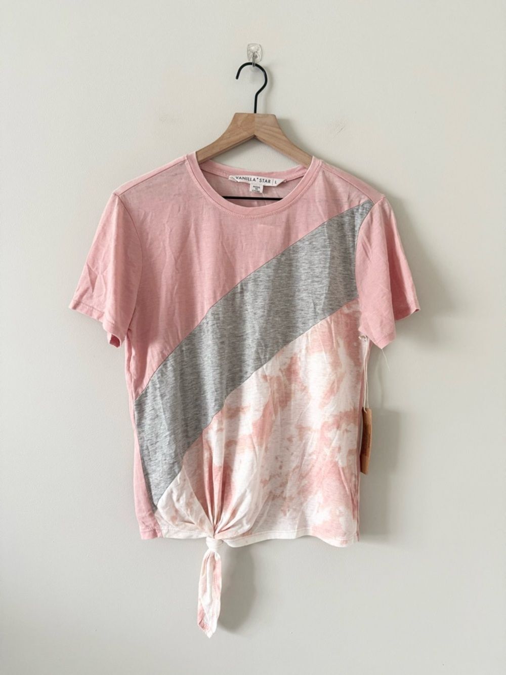 NWT Vanilla Star Pink & Gray Diagonal Color Block Tie-Front Tee Size L